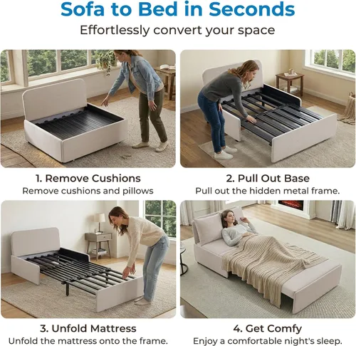 Vista 3 de Mjkone Twin Pull Out Sofa Bed, 41" W Sleeper Couch Beds, 2-in-1 Modern Convertible Linen Sofas Sleeper Pull Out Sofa Couch Bed with Mattress & Beige