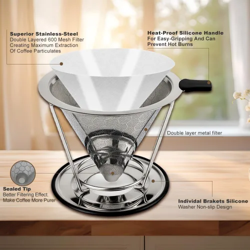 Vista 2 de Abnaok - Gotero de café, filtro de acero inoxidable fácil de limpiar, sin papel, para verter sobre cafetera, filtro reutilizable, gotero de cono