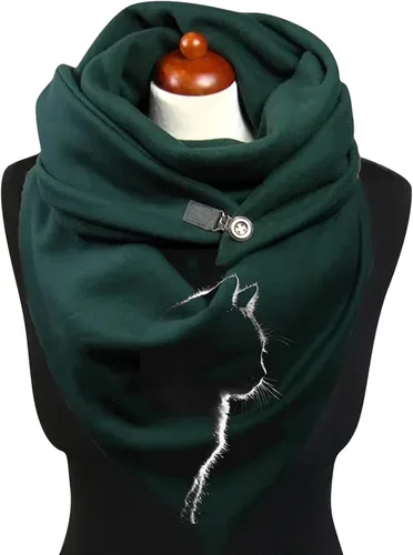 Vista 3 de Bufanda cálida para mujer con estampado de gatos cálida resistente al viento con hebilla de doble capa turbante de invierno para mujer verde
