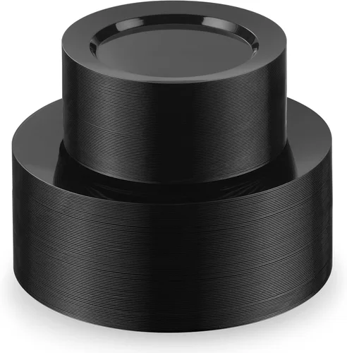 Munfix Juego de 100 platos de plástico negro, 50 platos llanos de plástico de 10 pulgadas y 50 platos de postre de plástico de 7 pulgadas, elegantes