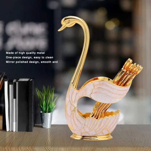 Vista 7 de Yosoo Juego de 6 cucharas de café y postre de color blanco dorado con soporte de base de cisne, acero inoxidable, estilo clásico