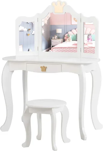 Costzon Juego de mesa y silla para niños, tocador de maquillaje de princesa con cajón y espejo de tres pliegues, juego de tocador 2 en 1 con parte