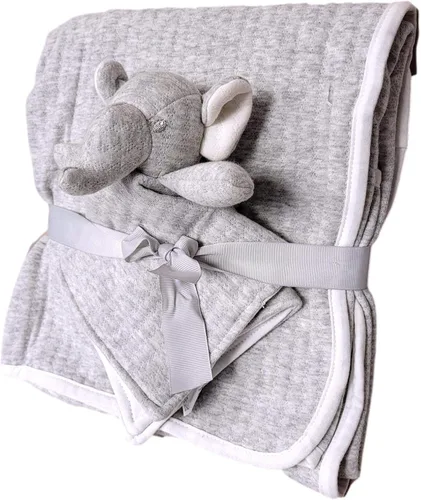 Vista 3 de SONA G DESIGNS Juego de regalo de elefante gris de felpa de algodón con manta para recién nacido