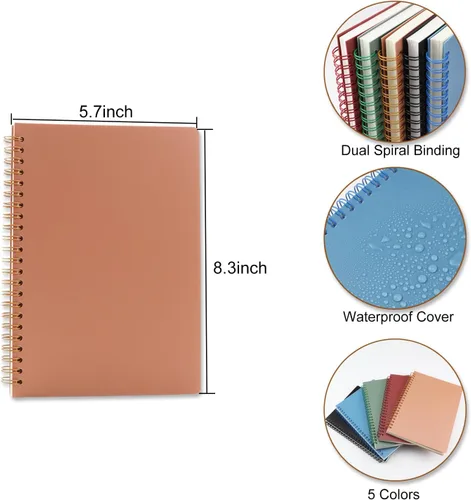 Vista 2 de Paquete de 5 cuadernos en espiral de 8.3" x 5.7", 80 hojas, cuaderno universitario a rayas con cubierta impermeable de plástico, cuaderno rayado A5