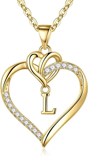 STORUP Collares con inicial de corazón para mujeres y niñas, chapado en oro de 14 quilates, con dije de inicial A-Z, collar delicado de corazón para