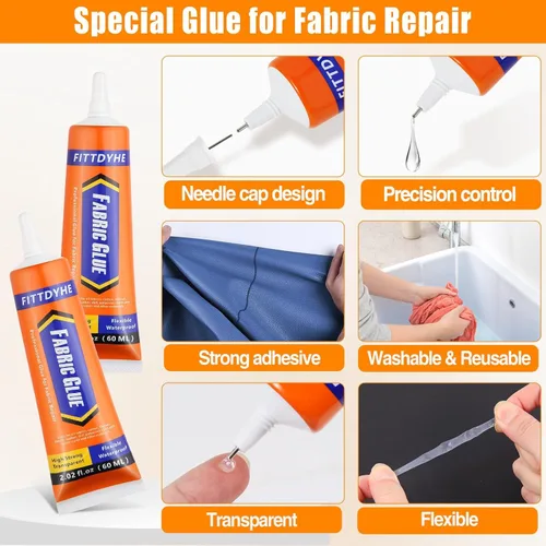 Vista 3 de 2 Pack de Pegamento para Tela Permanente, 60ML/2.02oz Pegamento Claro Lavable para Ropa, Adhesivo Súper para Tela para Strass, Parches, Ropa, Denim
