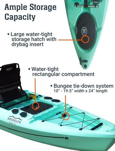 Vista 7 de BKC Brooklyn 12.0 Pro - Kayak de pesca individual de 12 pies manos libres, dirección de timón, casco de 70 libras, almacenamiento hermético