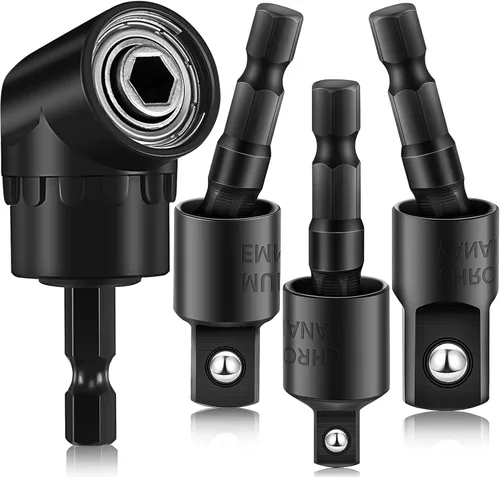 Juego de 4 adaptadores de enchufe de impacto de 90 grados, accesorio de taladro de ángulo recto giratorio de 360° de 1/4 3/8 1/2 pulgadas, adaptador