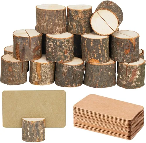 Vista 8 de Portatarjetas de madera, 20 soportes rústicos de alta calidad para números de mesa y 30 tarjetas de mesa de papel Kraft, soportes de madera