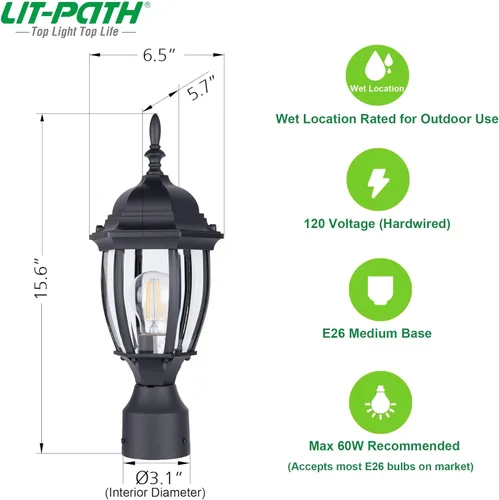 Vista 7 de LIT-PaTH Farol de poste de iluminación para exteriores, base mediana E26 máx. 60 W, carcasa de aluminio más vidrio, acabado blanco mate, paquete de 1