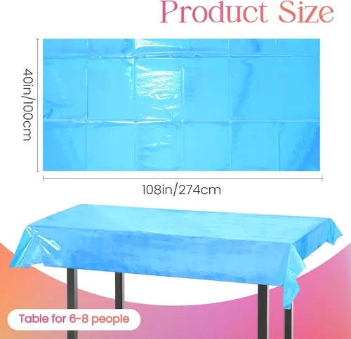 Vista 2 de Mantel iridiscente azul de 4 piezas – Mantel desechable de 40 x 108 pulgadas con láser brillante – Manteles de plástico con purpurina – Mantel