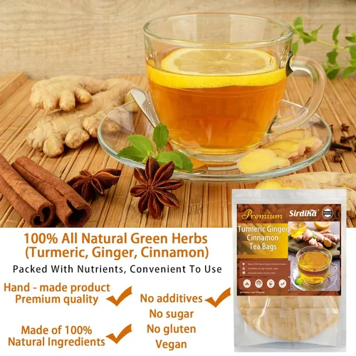 Vista 2 de Bolsas de té de cúrcuma jengibre y canela, 120 bolsitas de té de hierbas de cúrcuma y jengibre, bolsa de té de cúrcuma mezcla hecha a mano, 100% 120