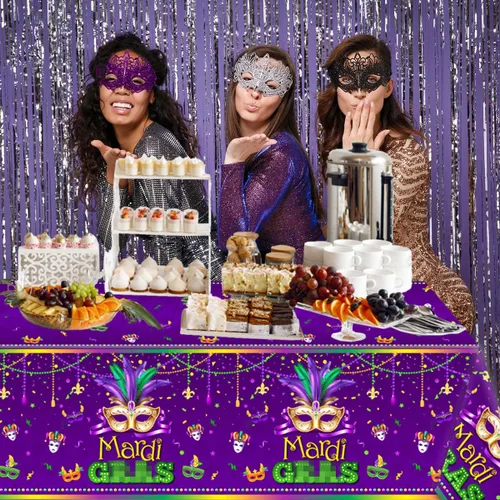 Vista 5 de CMUSKO 3 manteles de Mardi Gras, suministros para fiesta de máscaras, suministros de fiesta de Mardi Gras, cubierta de mesa de carnaval