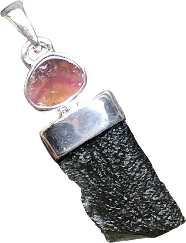 Vista 3 de Natural Green Moldavite, Watermelon Tourmaline 925 Solid Sterling Silver Pendant 40mm