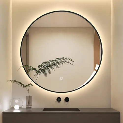 Vista 23 de Niccy Espejo redondo con retroiluminación LED de 24 pulgadas para baño, espejo de pared con marco negro, espejos circulares inteligentes LED con 3
