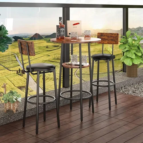 Vista 7 de Juego de mesa de comedor de 3 piezas para 2, pequeña mesa de cocina redonda con 2 sillas, mesa de bar de altura de mostrador con almacenamiento