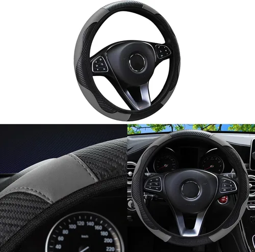Vista 6 de Funda para Volante de Coche, 15 Pulgadas Fibra de Carbono Microfibra Antideslizante Transpirable Cuero PU Elástico Protector de Volante, Accesorios