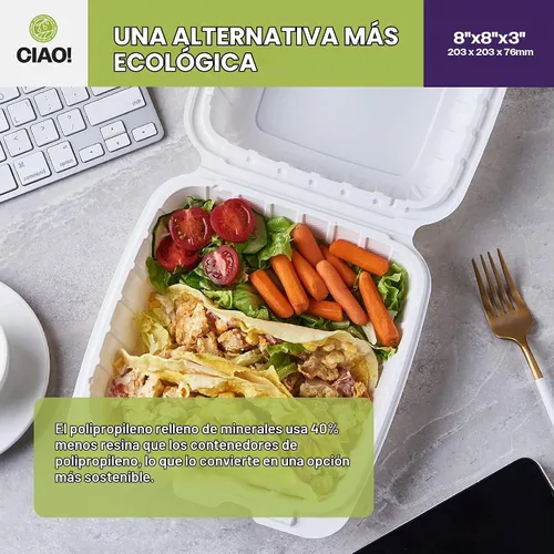 Vista 8 de CIAO! Contenedor negro con bisagras MFPP de 6"x6"x3" con tapa, 1 compartimento (caja de 300)