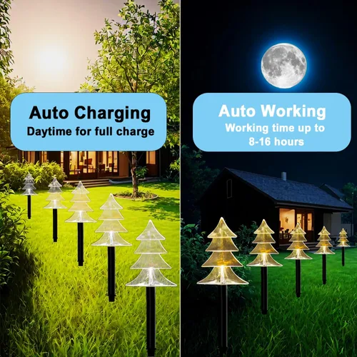 Vista 4 de Luces solares navideñas para caminos al aire libre, juego de 5 luces LED solares impermeables para jardín con 2 modos de iluminación, luces de árbol