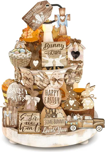 Vista 12 de Amyhill 12 piezas de decoración de bandejas escalonadas de Pascua, decoración de bandeja escalonada de primavera, mini conejo, conejo, huevo