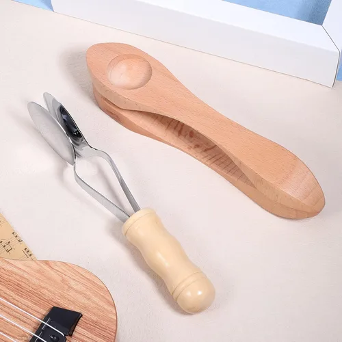 Vista 3 de SUPVOX 2 cucharas musicales de percusión folclórica, cuchara de sonido de madera natural, cucharas de percusión tradicionales con mango de madera