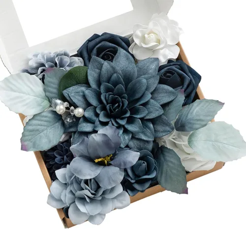 Vista 42 de Ling's moment Caja de flores artificiales, tallos de follaje artificial falso, rosas de espuma, dalia de seda, hierba de pampas, flor de tela