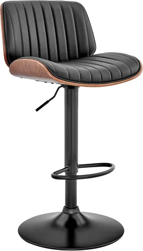 Armen Living Brock - Taburete de bar moderno giratorio de altura ajustable de piel sintética negra y madera de nogal con base negra para encimera de
