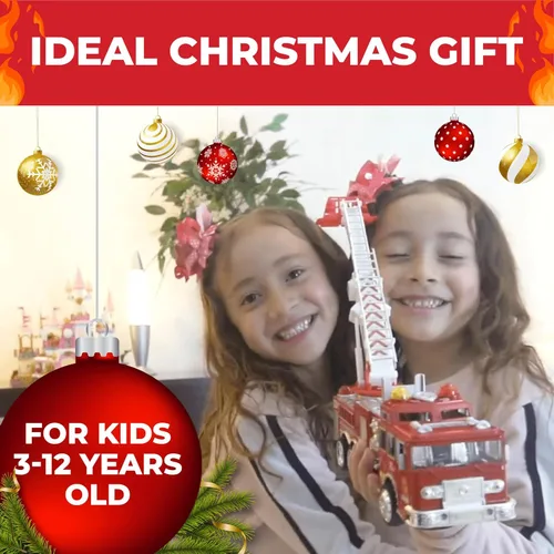 Vista 2 de Toysery Camión de bomberos de juguete con luces intermitentes y sonidos de sirena para niños, escalera giratoria extensible, acción de chocar