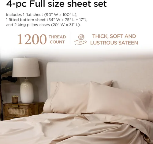 Vista 2 de Threadmill Sábanas de lujo de algodón Supima, sábanas de 100% algodón suaves de 1200 hilos de lujo para cama tamaño matrimonial, juego de 4 sábanas