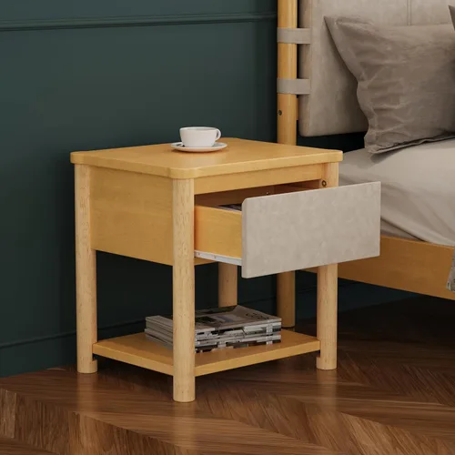 Vista 5 de Moderno juego de base de cama Queen con 2 mesitas de noche, cama de plataforma de madera beige con cabecero y mesitas de noche a juego