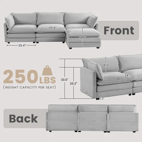 Vista 2 de ROWHY Sofá modular de gran tamaño con otomana móvil, juego de sofá moderno de pana de 112 pulgadas y 4 asientos, sofá convertible en forma de L