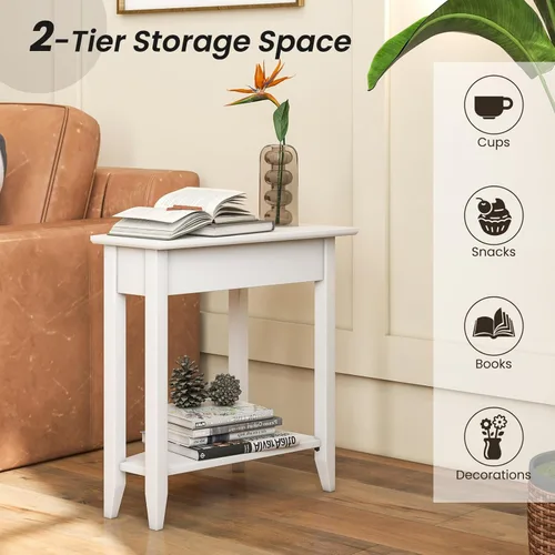 Vista 4 de GOFLAME Mesa auxiliar de cuña de 2 niveles, mesa auxiliar triangular estrecha con estante de almacenamiento, patas de madera maciza, mesita
