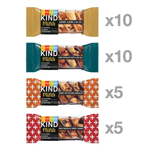 Vista 3 de KIND Bar Mini's, paquete variado, sin gluten, 100 calorías, bajo en azúcar, barra de 0.7 onzas, 30