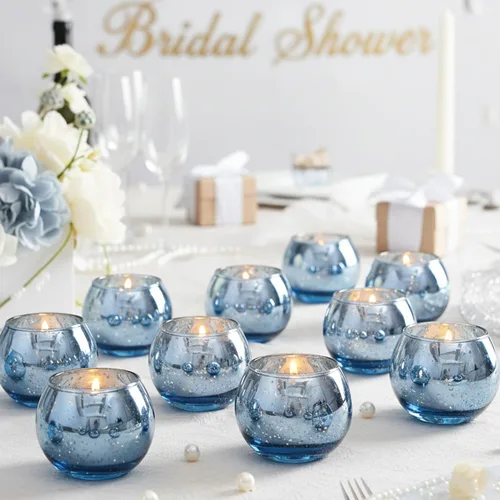 Vista 6 de LAMORGIFT 12 PCS Portavelas Votivos de Vidrio de Mercurio Azul para Velas de Té - Centros de Mesa Azules para Decoraciones de Despedida de Soltera