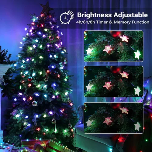 Vista 2 de Brizled Luces de Navidad con forma de estrella, 33 pies, 100 luces LED que cambian de color con control remoto, luces RGB conectables para árbol