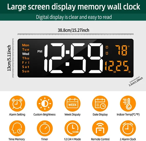 Vista 8 de LEIKE Reloj de pared digital grande de 16 pulgadas, control remoto, 2 alarmas, pantalla LED, DST automático, reloj de luz nocturna moderno de Reloj
