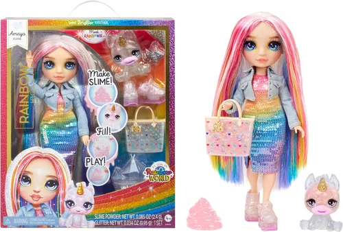 Rainbow High Amaya, Rainbow con kit de slime y mascota, muñeca de moda posable brillante de 11 pulgadas con slime brillante DIY, mascota mágica de