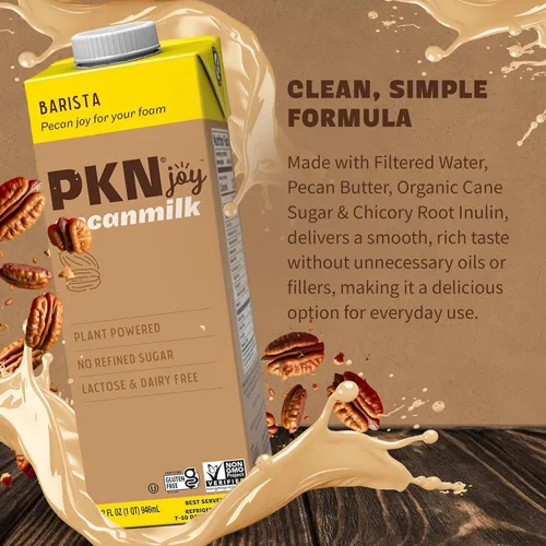 Vista 3 de PKN - Leche de pecana a base de plantas estilo barista – 32 onzas líquidas (paquete de 2) – Leche sin lácteos y gluten, vegana, sin OMG para café