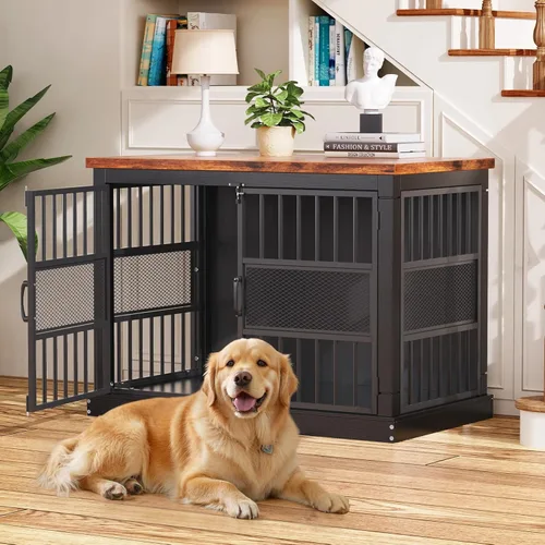 Vista 11 de VOPEAK Mueble rústico para jaula de perros de 40 pulgadas, jaula resistente con bandejas extraíbles para perros pequeños y medianos, jaula