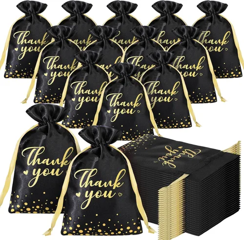 Sweetude 100 bolsas de regalo negras de satén de agradecimiento de 4 x 6 pulgadas, pequeñas bolsas de joyería con cordón para el día de la madre,