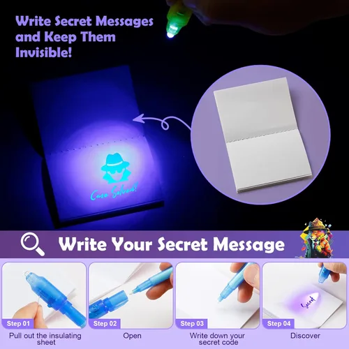 Vista 4 de DazSpirit Paquete de 8 bolígrafos de tinta invisible con luz UV, blocs de notas de detectives y bolsas de regalo, premios de aula, rellenos de caja