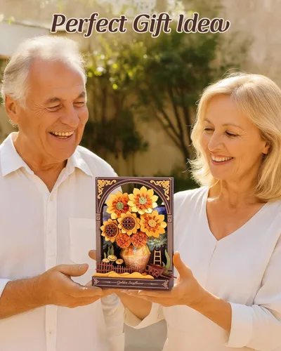 Vista 8 de Rompecabezas 3D de madera Wowood para adultos - Kits de construcción de modelos DIY Van Gogh Girasol Dorado con luz LED - Decoración del hogar, arte