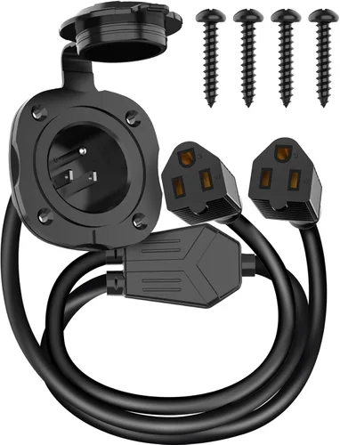Enchufe de puerto de CA de 15 amperios, enchufe de entrada de alimentación de 125 V con cubierta impermeable y cable de extensión dual integrado de