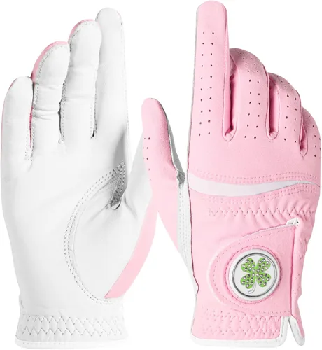 Vista 8 de Guante de golf para mujer con marcador de bolas de trébol 1 unidad, guantes de agarre para todo clima de microfibra y cuero para damas, ajuste