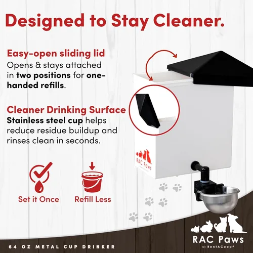 Vista 6 de RentACoop Botella de bebida sin goteo de 64 onzas (2 litros) para animales pequeños con vaso de metal de llenado automático para mascotas pequeñas