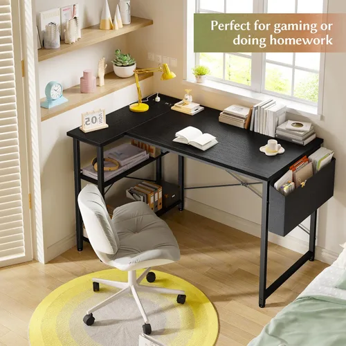 Vista 4 de EnHomee Escritorio pequeño para computadora con estantes de almacenamiento y bolsa lateral, escritorio de juegos en forma de L de 40 pulgadas