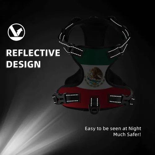 Vista 9 de Arnés para perro con bandera mexicana, arnés sin tirones con correa, chaleco Oxford reflectante y ajustable para mascotas, con tecnología fácil
