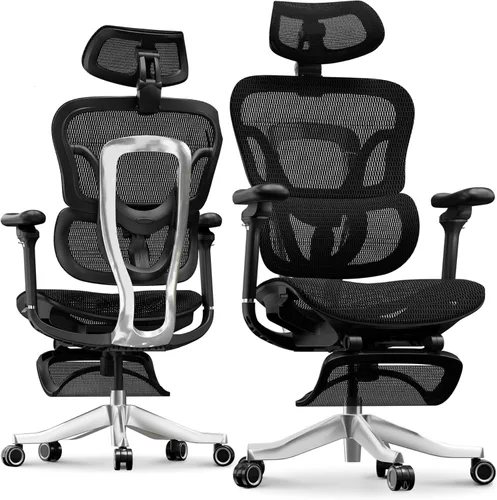 Vista 19 de FLEXISPOT Silla ergonómica de oficina ErgoX-PRO con reposapiés negro – Asiento de malla AeroWeave 5.0, lumbar 5D, reposabrazos 7D, reposacabezas 4D