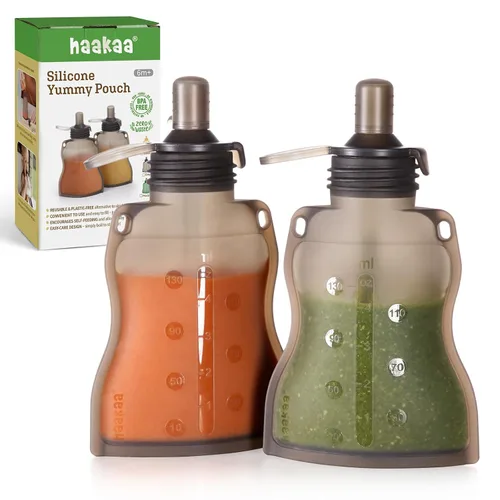 Vista 12 de haakaa Yummy Pouch - Bolsa reutilizable para alimentos para bebés, bolsas reutilizables para niños pequeños, bolsa exprimible, congelador lavable
