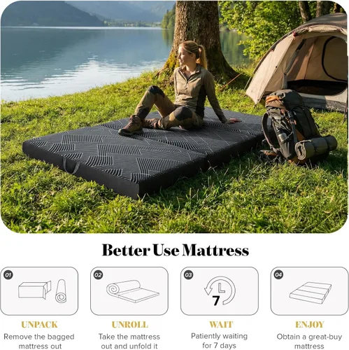 Vista 8 de Colchón triple plegable tamaño individual – Colchón plegable de espuma viscoelástica triple con funda lavable, asa y parte inferior antideslizante